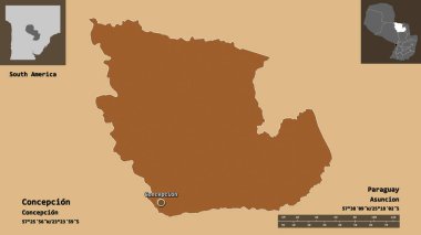 Concepcion 'un şekli, Paraguay Bölümü ve başkenti. Uzaklık ölçeği, ön gösterimler ve etiketler. Düzenli desenli dokuların bileşimi. 3B görüntüleme