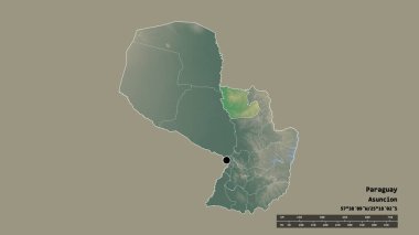 Başkenti, ana bölgesel bölümü ve ayrılmış Concepcion bölgesiyle Paraguay 'ın dejenere edilmiş şekli. Etiketler. Topografik yardım haritası. 3B görüntüleme