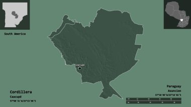 Cordillera 'nın şekli, Paraguay Bölümü ve başkenti. Uzaklık ölçeği, ön gösterimler ve etiketler. Renkli yükseklik haritası. 3B görüntüleme