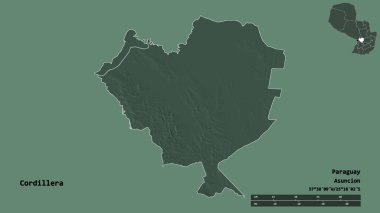 Cordillera 'nın şekli, Paraguay departmanı, sermayesi sağlam arka planda izole edilmiş. Uzaklık ölçeği, bölge önizlemesi ve etiketleri. Renkli yükseklik haritası. 3B görüntüleme