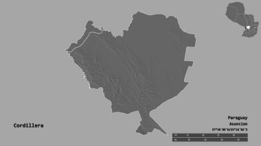 Cordillera 'nın şekli, Paraguay departmanı, sermayesi sağlam arka planda izole edilmiş. Uzaklık ölçeği, bölge önizlemesi ve etiketleri. Çift seviyeli yükseklik haritası. 3B görüntüleme