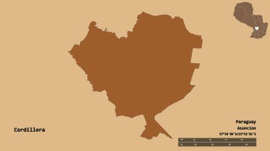 Cordillera 'nın şekli, Paraguay departmanı, sermayesi sağlam arka planda izole edilmiş. Uzaklık ölçeği, bölge önizlemesi ve etiketleri. Düzenli desenli dokuların bileşimi. 3B görüntüleme