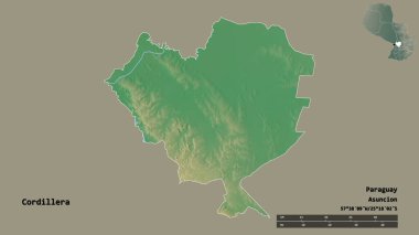 Cordillera 'nın şekli, Paraguay departmanı, sermayesi sağlam arka planda izole edilmiş. Uzaklık ölçeği, bölge önizlemesi ve etiketleri. Topografik yardım haritası. 3B görüntüleme