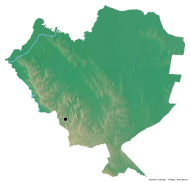 Cordillera 'nın şekli, Paraguay departmanı, başkenti beyaz arka planda izole edilmiş. Topografik yardım haritası. 3B görüntüleme