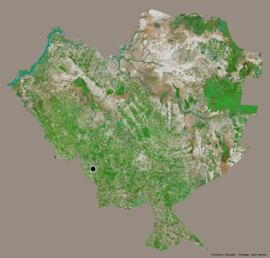 Cordillera 'nın şekli, Paraguay departmanı, sermayesi koyu renk arka planda izole edilmiş. Uydu görüntüleri. 3B görüntüleme