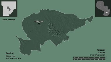 Guaira 'nın şekli, Paraguay Bölümü ve başkenti. Uzaklık ölçeği, ön gösterimler ve etiketler. Renkli yükseklik haritası. 3B görüntüleme