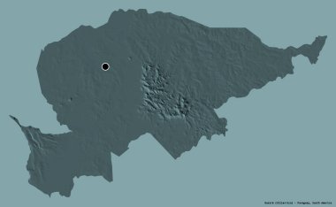 Guaira 'nın şekli, Paraguay departmanı, başkenti koyu renk arka planda izole edilmiş. Renkli yükseklik haritası. 3B görüntüleme