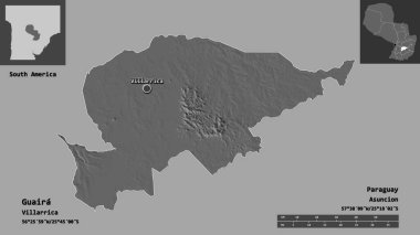 Guaira 'nın şekli, Paraguay Bölümü ve başkenti. Uzaklık ölçeği, ön gösterimler ve etiketler. Çift seviyeli yükseklik haritası. 3B görüntüleme