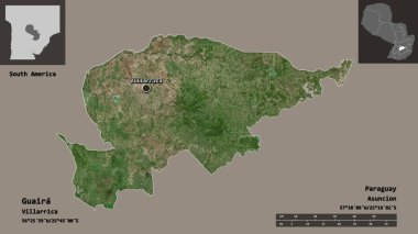 Guaira 'nın şekli, Paraguay Bölümü ve başkenti. Uzaklık ölçeği, ön gösterimler ve etiketler. Uydu görüntüleri. 3B görüntüleme