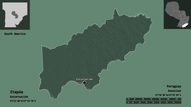 Itapua 'nın şekli, Paraguay Bölümü ve başkenti. Uzaklık ölçeği, ön gösterimler ve etiketler. Renkli yükseklik haritası. 3B görüntüleme