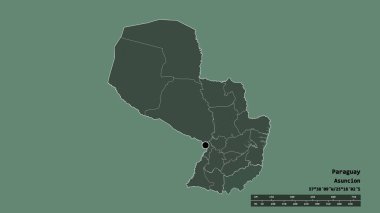 Başkenti, ana bölgesel bölümü ve ayrılmış Itapua bölgesi ile Paraguay 'ın dejenere edilmiş şekli. Etiketler. Renkli yükseklik haritası. 3B görüntüleme