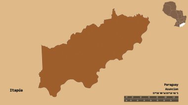 Itapua 'nın şekli, Paraguay departmanı, sermayesi sağlam arka planda izole edilmiş. Uzaklık ölçeği, bölge önizlemesi ve etiketleri. Düzenli desenli dokuların bileşimi. 3B görüntüleme