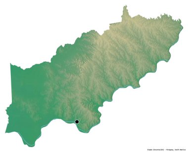 Itapua 'nın şekli, Paraguay departmanı, başkenti beyaz arka planda izole edilmiş. Topografik yardım haritası. 3B görüntüleme