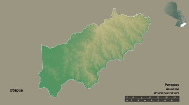 Itapua 'nın şekli, Paraguay departmanı, sermayesi sağlam arka planda izole edilmiş. Uzaklık ölçeği, bölge önizlemesi ve etiketleri. Topografik yardım haritası. 3B görüntüleme