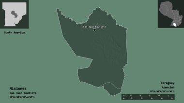 Misiones 'un şekli, Paraguay Bölümü ve başkenti. Uzaklık ölçeği, ön gösterimler ve etiketler. Renkli yükseklik haritası. 3B görüntüleme