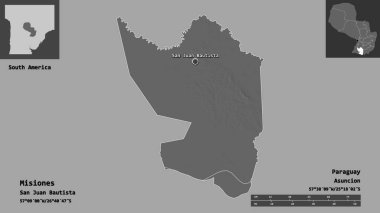 Misiones 'un şekli, Paraguay Bölümü ve başkenti. Uzaklık ölçeği, ön gösterimler ve etiketler. Çift seviyeli yükseklik haritası. 3B görüntüleme