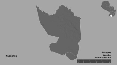 Misiones 'un şekli, Paraguay departmanı, sermayesi sağlam arka planda izole edilmiş. Uzaklık ölçeği, bölge önizlemesi ve etiketleri. Çift seviyeli yükseklik haritası. 3B görüntüleme