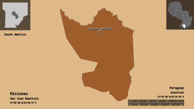 Misiones 'un şekli, Paraguay Bölümü ve başkenti. Uzaklık ölçeği, ön gösterimler ve etiketler. Düzenli desenli dokuların bileşimi. 3B görüntüleme
