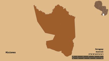 Misiones 'un şekli, Paraguay departmanı, sermayesi sağlam arka planda izole edilmiş. Uzaklık ölçeği, bölge önizlemesi ve etiketleri. Düzenli desenli dokuların bileşimi. 3B görüntüleme