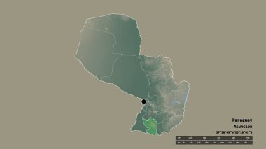Başkenti, ana bölgesel bölümü ve ayrılmış Misiones bölgesiyle Paraguay 'ın dejenere edilmiş şekli. Etiketler. Topografik yardım haritası. 3B görüntüleme
