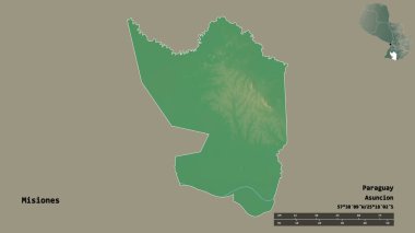 Misiones 'un şekli, Paraguay departmanı, sermayesi sağlam arka planda izole edilmiş. Uzaklık ölçeği, bölge önizlemesi ve etiketleri. Topografik yardım haritası. 3B görüntüleme