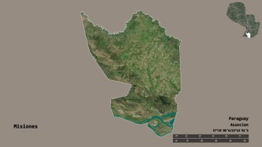 Misiones 'un şekli, Paraguay departmanı, sermayesi sağlam arka planda izole edilmiş. Uzaklık ölçeği, bölge önizlemesi ve etiketleri. Uydu görüntüleri. 3B görüntüleme