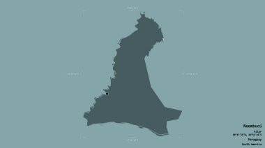 Neembucu bölgesi, Paraguay departmanı, jeoreferatlı bir sınır kutusunda sağlam bir arka planda izole edilmiş. Etiketler. Renkli yükseklik haritası. 3B görüntüleme