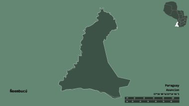 Neembucu 'nun şekli, Paraguay departmanı, sermayesi sağlam arka planda izole edilmiş. Uzaklık ölçeği, bölge önizlemesi ve etiketleri. Renkli yükseklik haritası. 3B görüntüleme