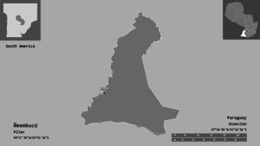 Neembucu 'nun şekli, Paraguay Bölümü ve başkenti. Uzaklık ölçeği, ön gösterimler ve etiketler. Çift seviyeli yükseklik haritası. 3B görüntüleme
