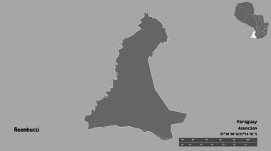 Neembucu 'nun şekli, Paraguay departmanı, sermayesi sağlam arka planda izole edilmiş. Uzaklık ölçeği, bölge önizlemesi ve etiketleri. Çift seviyeli yükseklik haritası. 3B görüntüleme