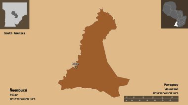 Neembucu 'nun şekli, Paraguay Bölümü ve başkenti. Uzaklık ölçeği, ön gösterimler ve etiketler. Düzenli desenli dokuların bileşimi. 3B görüntüleme