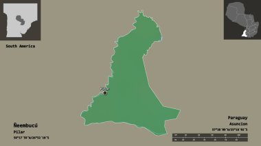 Neembucu 'nun şekli, Paraguay Bölümü ve başkenti. Uzaklık ölçeği, ön gösterimler ve etiketler. Topografik yardım haritası. 3B görüntüleme
