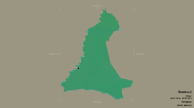 Neembucu bölgesi, Paraguay departmanı, jeoreferatlı bir sınır kutusunda sağlam bir arka planda izole edilmiş. Etiketler. Topografik yardım haritası. 3B görüntüleme