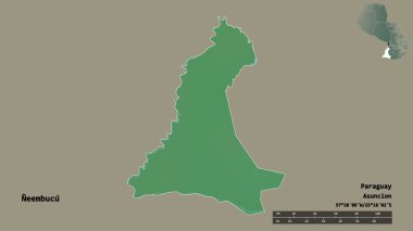 Neembucu 'nun şekli, Paraguay departmanı, sermayesi sağlam arka planda izole edilmiş. Uzaklık ölçeği, bölge önizlemesi ve etiketleri. Topografik yardım haritası. 3B görüntüleme