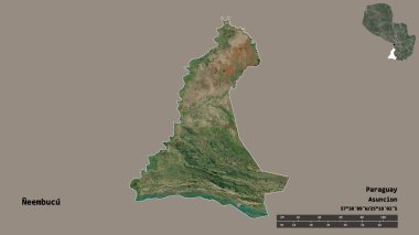 Neembucu 'nun şekli, Paraguay departmanı, sermayesi sağlam arka planda izole edilmiş. Uzaklık ölçeği, bölge önizlemesi ve etiketleri. Uydu görüntüleri. 3B görüntüleme