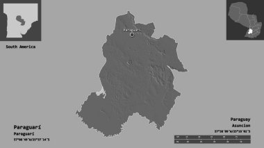 Paraguari 'nin şekli, Paraguay Bölümü ve başkenti. Uzaklık ölçeği, ön gösterimler ve etiketler. Çift seviyeli yükseklik haritası. 3B görüntüleme