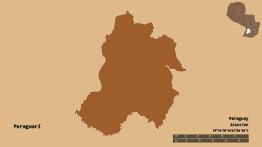 Paraguari 'nin şekli, Paraguay departmanı, sermayesi sağlam arka planda izole edilmiş. Uzaklık ölçeği, bölge önizlemesi ve etiketleri. Düzenli desenli dokuların bileşimi. 3B görüntüleme