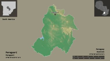 Paraguari 'nin şekli, Paraguay Bölümü ve başkenti. Uzaklık ölçeği, ön gösterimler ve etiketler. Topografik yardım haritası. 3B görüntüleme