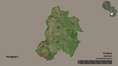 Paraguari 'nin şekli, Paraguay departmanı, sermayesi sağlam arka planda izole edilmiş. Uzaklık ölçeği, bölge önizlemesi ve etiketleri. Uydu görüntüleri. 3B görüntüleme