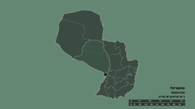 Başkenti, ana bölgesel bölümü ve ayrı Presidente Hayes bölgesi ile Paraguay 'ın dejenere edilmiş şekli. Etiketler. Renkli yükseklik haritası. 3B görüntüleme