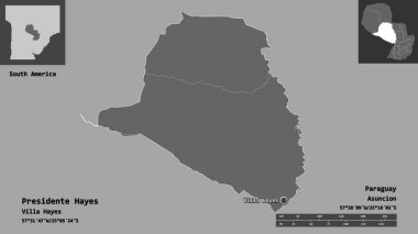Başkan Hayes 'in şekli, Paraguay Bölümü ve başkenti. Uzaklık ölçeği, ön gösterimler ve etiketler. Çift seviyeli yükseklik haritası. 3B görüntüleme