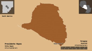 Başkan Hayes 'in şekli, Paraguay Bölümü ve başkenti. Uzaklık ölçeği, ön gösterimler ve etiketler. Düzenli desenli dokuların bileşimi. 3B görüntüleme