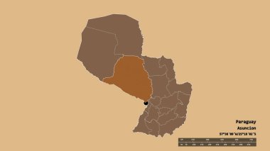 Başkenti, ana bölgesel bölümü ve ayrı Presidente Hayes bölgesi ile Paraguay 'ın dejenere edilmiş şekli. Etiketler. Düzenli desenli dokuların bileşimi. 3B görüntüleme