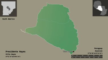 Başkan Hayes 'in şekli, Paraguay Bölümü ve başkenti. Uzaklık ölçeği, ön gösterimler ve etiketler. Topografik yardım haritası. 3B görüntüleme