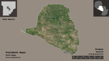 Başkan Hayes 'in şekli, Paraguay Bölümü ve başkenti. Uzaklık ölçeği, ön gösterimler ve etiketler. Uydu görüntüleri. 3B görüntüleme