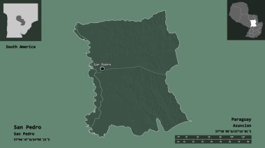 San Pedro 'nun şekli, Paraguay Bölümü ve başkenti. Uzaklık ölçeği, ön gösterimler ve etiketler. Renkli yükseklik haritası. 3B görüntüleme
