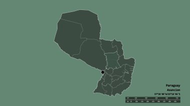 Başkenti, ana bölgesel bölümü ve ayrılmış San Pedro bölgesi ile Paraguay 'ın dejenere edilmiş şekli. Etiketler. Renkli yükseklik haritası. 3B görüntüleme