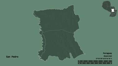 San Pedro 'nun şekli, Paraguay departmanı, sermayesi sağlam arka planda izole edilmiş. Uzaklık ölçeği, bölge önizlemesi ve etiketleri. Renkli yükseklik haritası. 3B görüntüleme