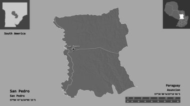 San Pedro 'nun şekli, Paraguay Bölümü ve başkenti. Uzaklık ölçeği, ön gösterimler ve etiketler. Çift seviyeli yükseklik haritası. 3B görüntüleme