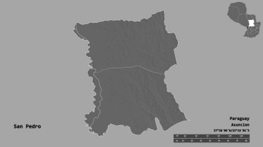 San Pedro 'nun şekli, Paraguay departmanı, sermayesi sağlam arka planda izole edilmiş. Uzaklık ölçeği, bölge önizlemesi ve etiketleri. Çift seviyeli yükseklik haritası. 3B görüntüleme